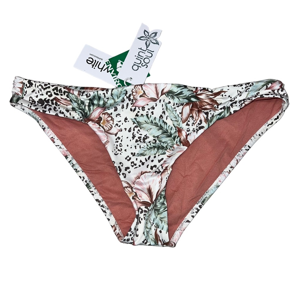NEW Quint Soul Floral Leopard Mid Rise Lilly Cinched Bikini Bottoms Womens Sz M